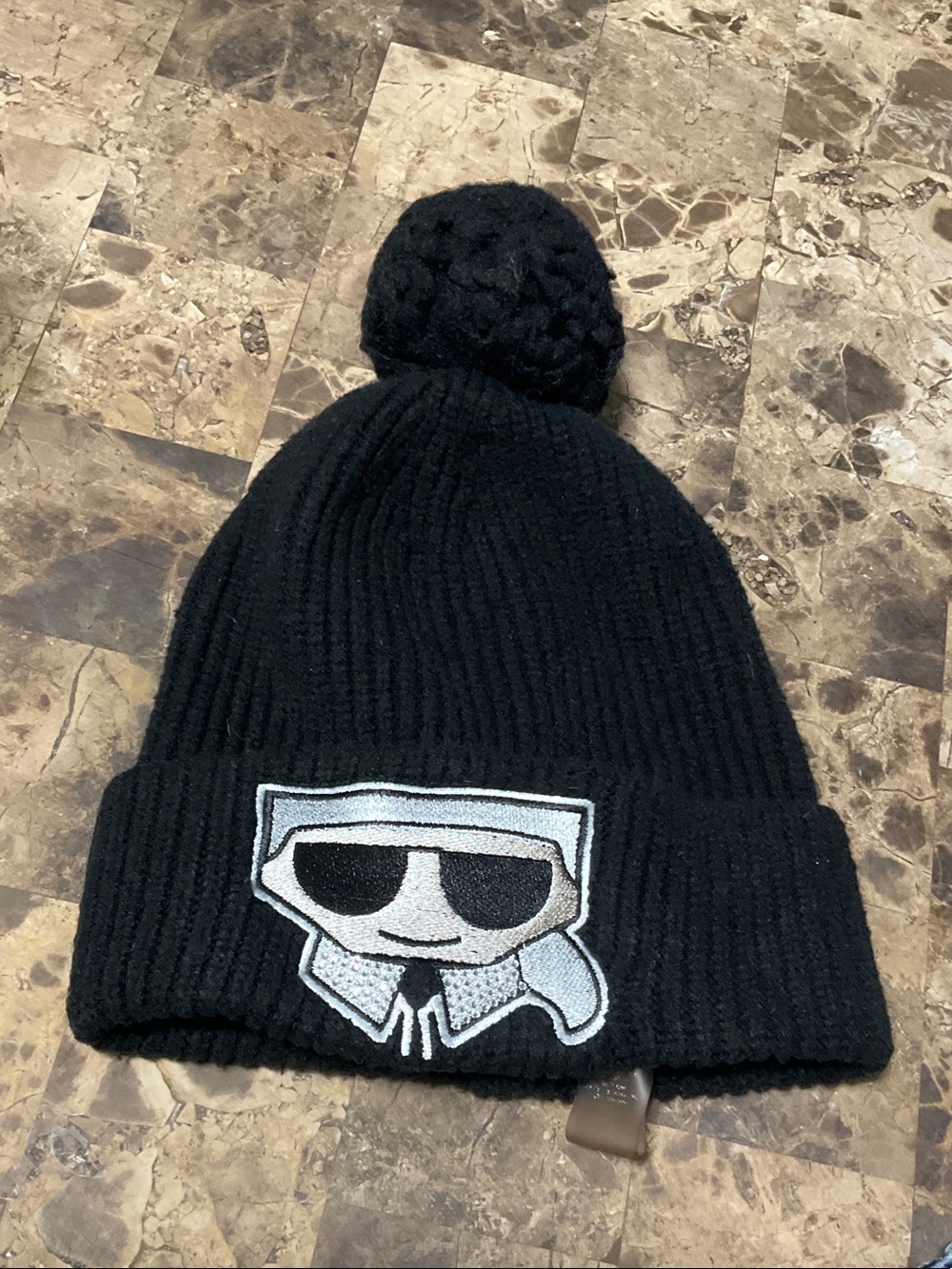 Karl Lagerfeld Black Pom-Pom Beanie with Embroidered Icon Patch